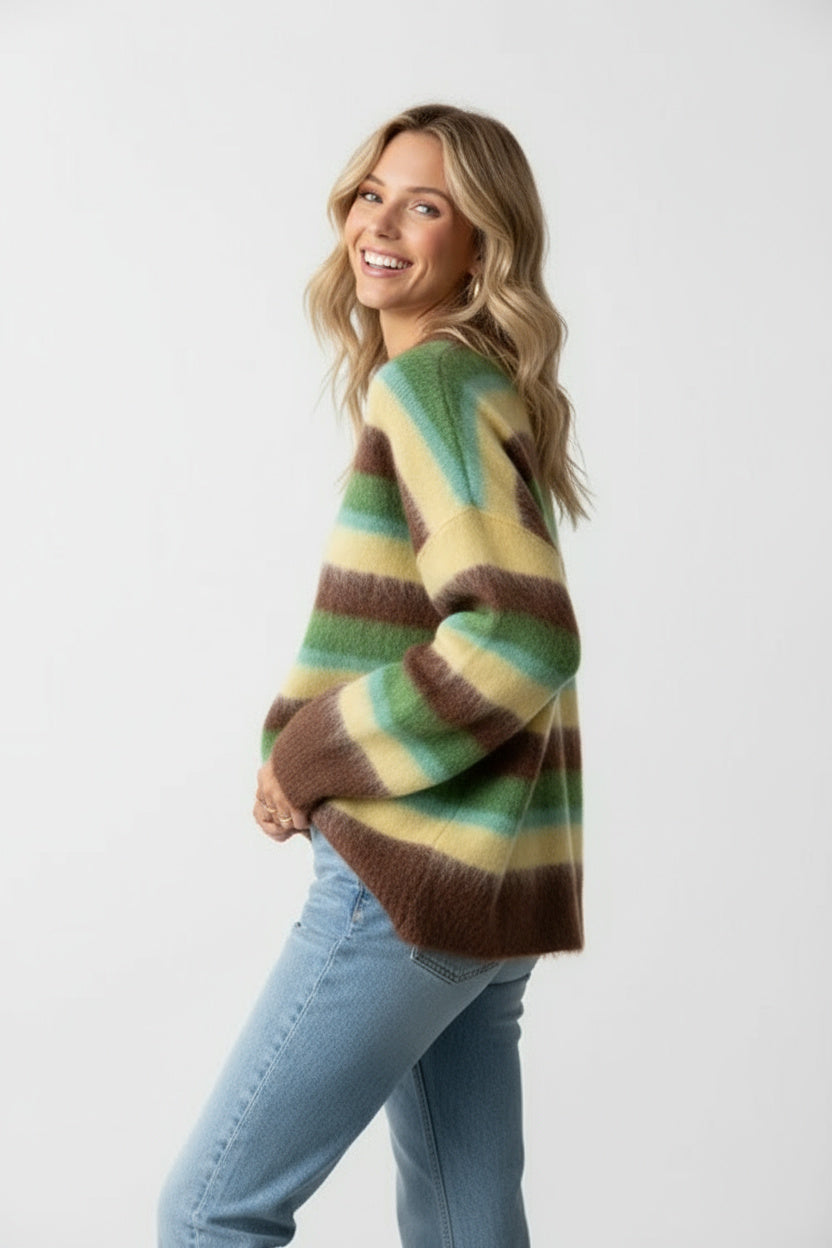 Pull femme rayé à col rond, manches longues, coupe oversize
