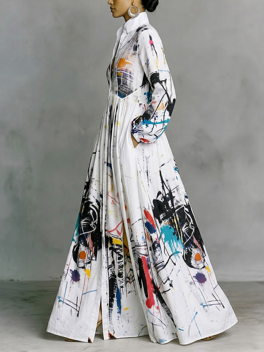 Women's white abstract print maxi shirt dress with stand collar