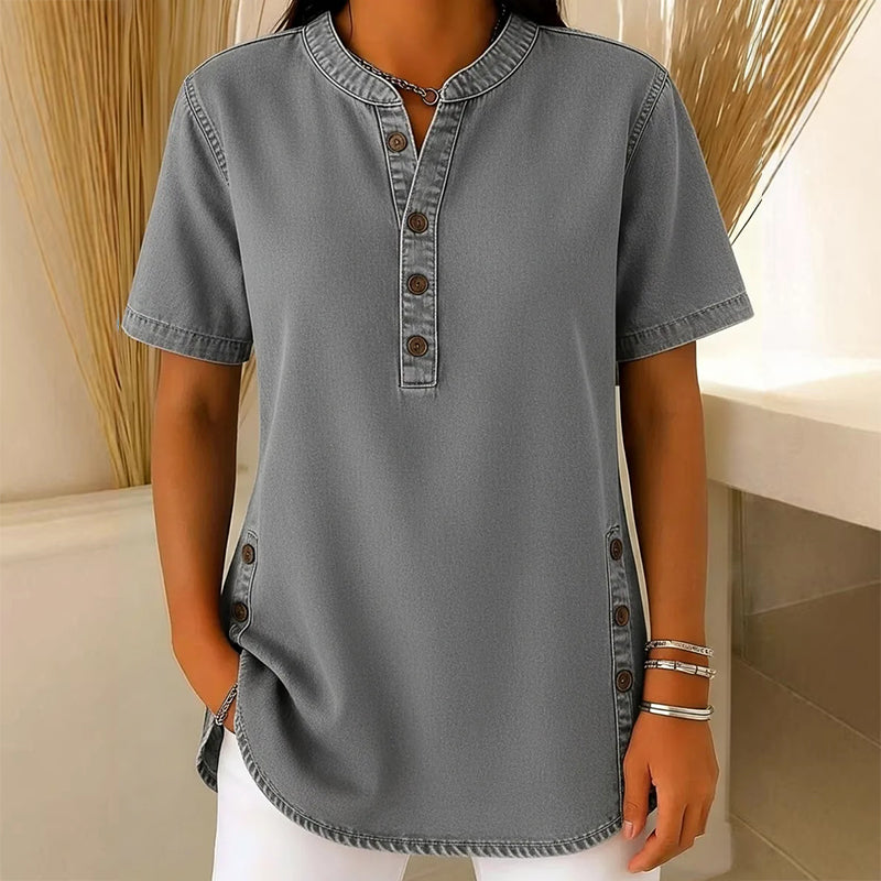 Women's Lightweight Denim Tunic — V-Neck Short-Sleeve Button Top
