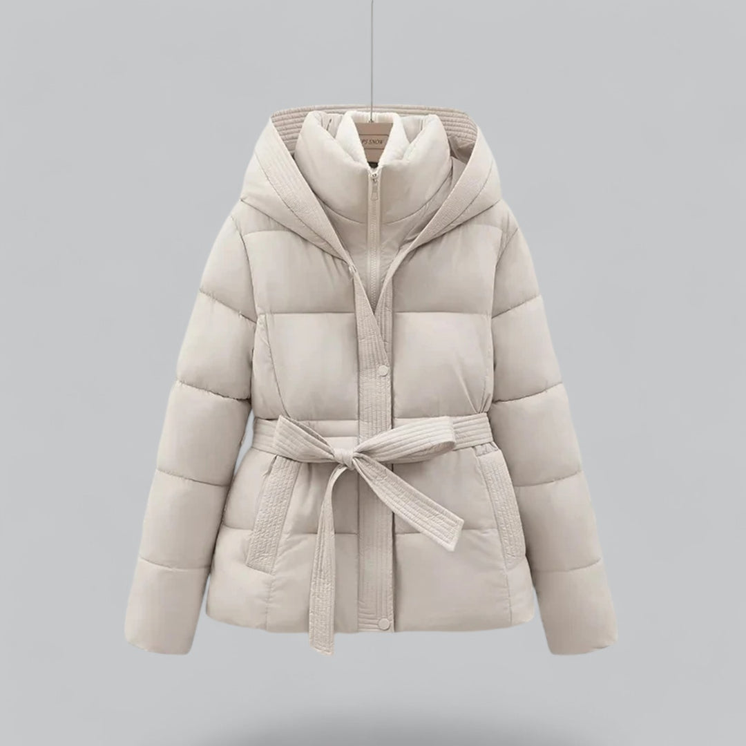 Women's hooded belted puffer jacket with quilted panels and front pockets