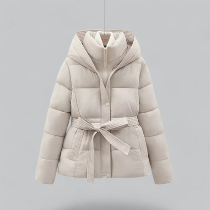 Women's hooded belted puffer jacket with quilted panels and front pockets