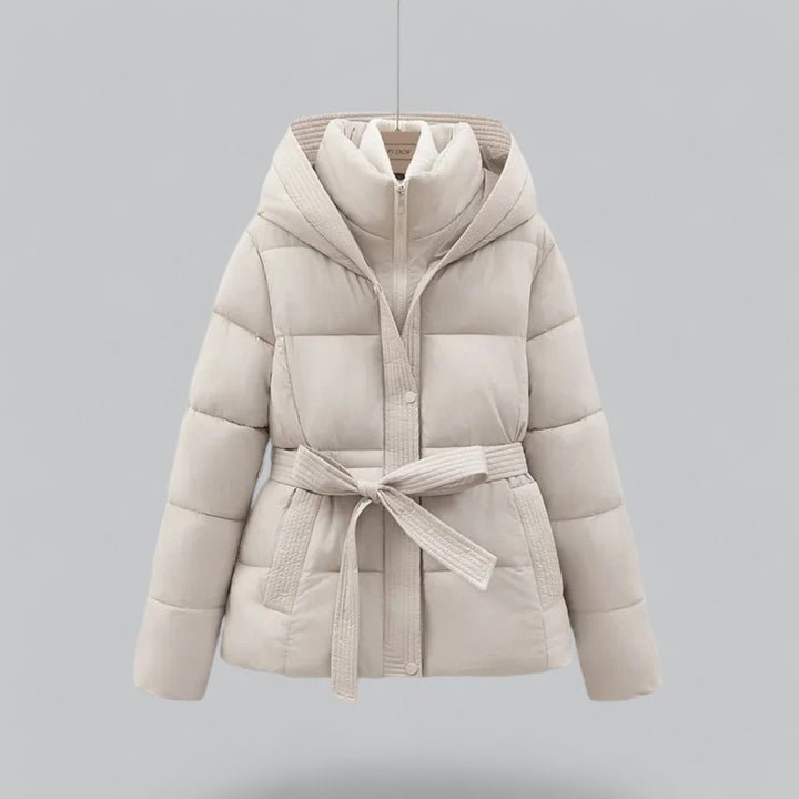 Women's hooded belted puffer jacket with quilted panels and front pockets