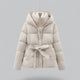 Women's hooded belted puffer jacket with quilted panels and front pockets