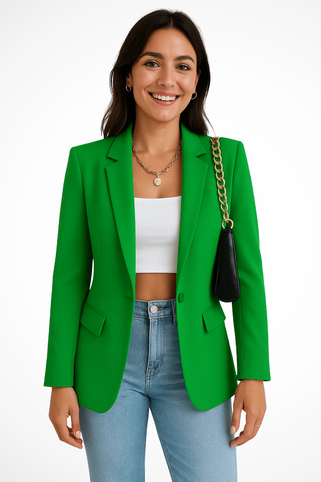 Women's tailored blazer with notched lapel, long sleeves, button fastening and flap pockets