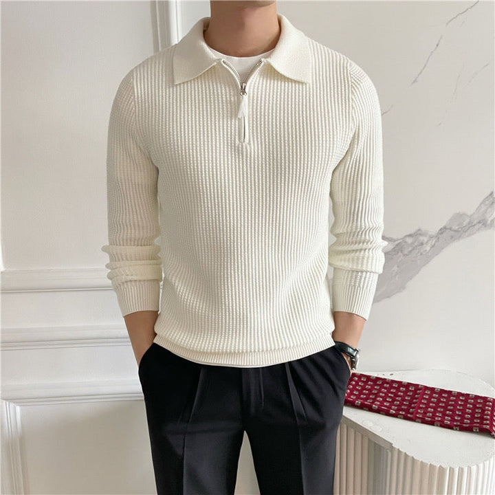 Men's ribbed quarter-zip sweater with collar in white and black
