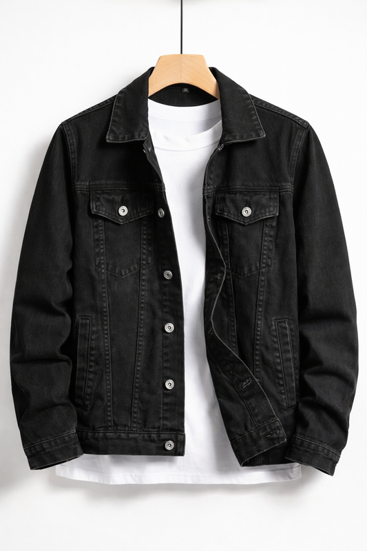 Men's black button-front denim jacket with chest flap pockets