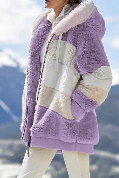 Women's color-block hooded zip hoodie with long sleeves and front pockets