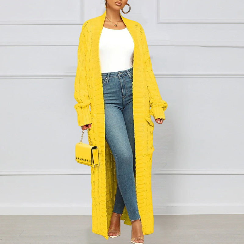 Women's longline cable knit cardigan with open front and front pockets