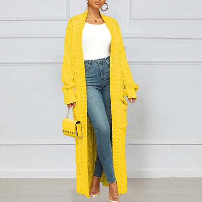 Women's longline cable knit cardigan with open front and front pockets