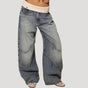 Women's blue low-rise wide-leg jeans with curved panel detailing