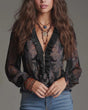 Women's paisley blouse with ruffled V-neck and long sheer sleeves