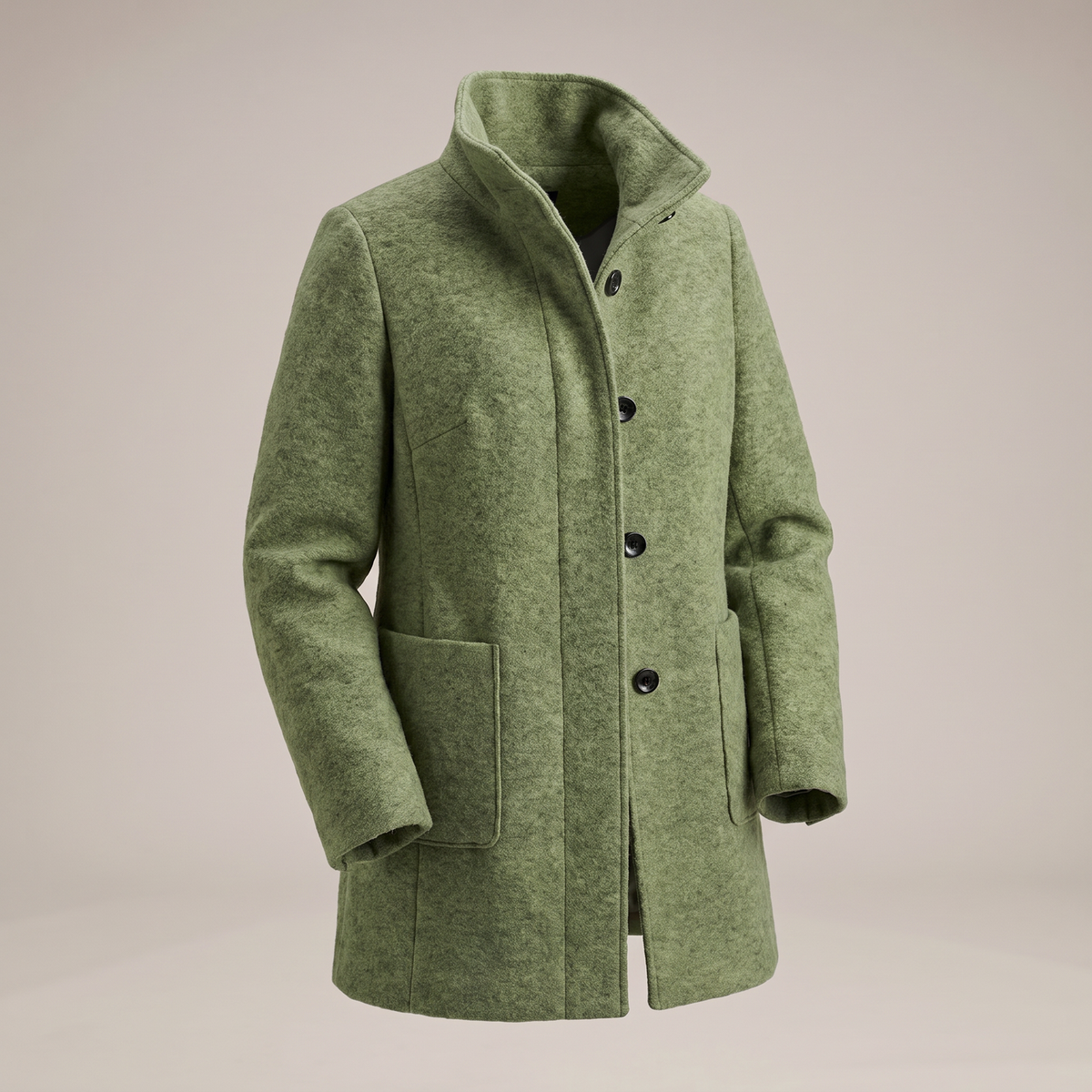 Women's longline trench coat with stand collar, button front and patch pockets