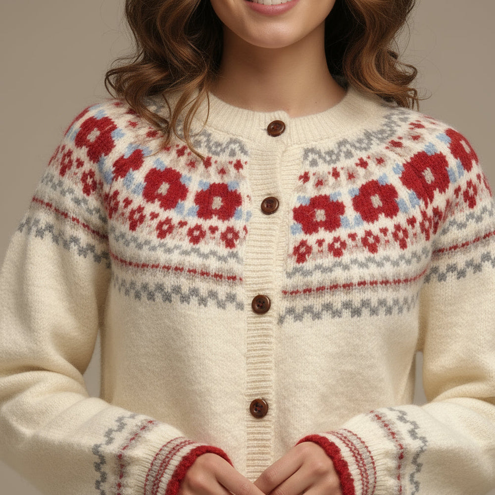 Women's cream Fair Isle cardigan with button front and patterned yoke