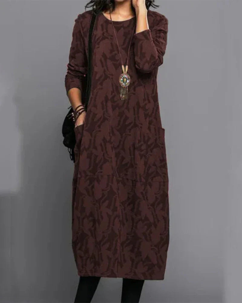 Women's long sleeve abstract leaf pattern midi dress with side pockets