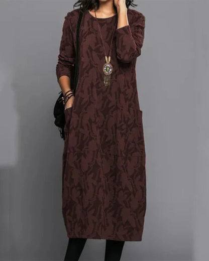 Women's long sleeve abstract leaf pattern midi dress with side pockets