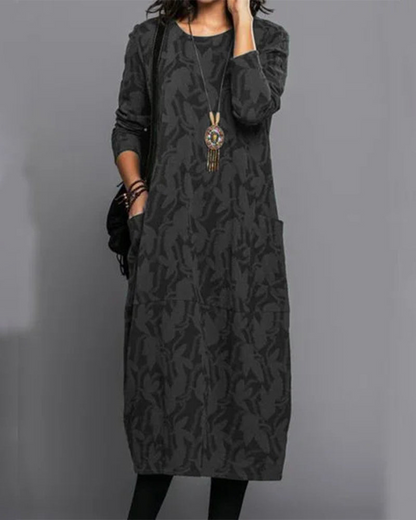 Women's long sleeve abstract leaf pattern midi dress with side pockets