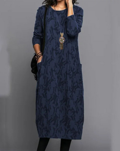 Women's long sleeve abstract leaf pattern midi dress with side pockets