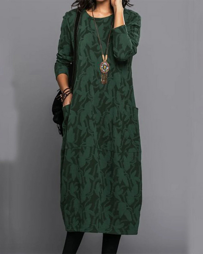 Women's long sleeve abstract leaf pattern midi dress with side pockets