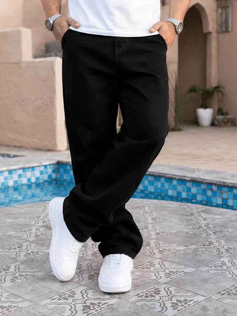 Men's black loose fit jeans with five pockets and wide full-length legs