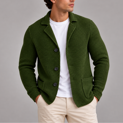 Men's knitted cardigan blazer with lapels, button front and patch pockets