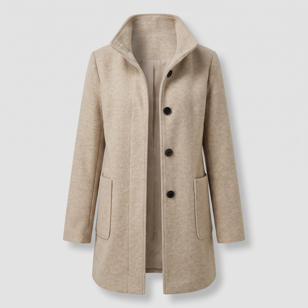 Women's longline trench coat with stand collar, button front and patch pockets