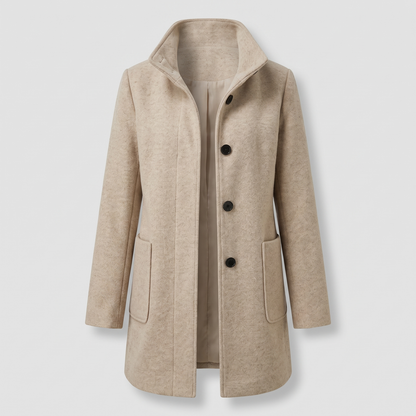 Women's longline trench coat with stand collar, button front and patch pockets