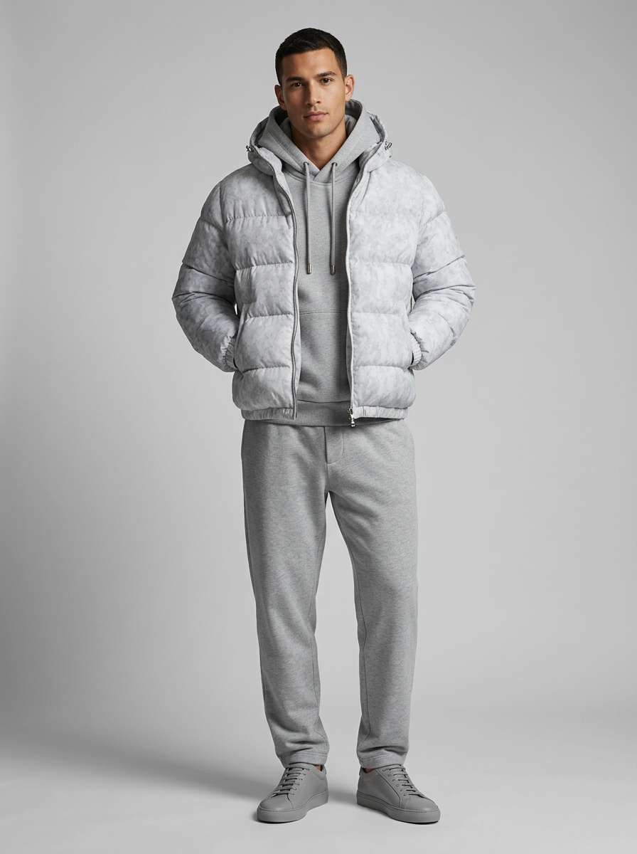 Men's hooded quilted puffer jacket with zip front and side pockets