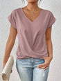 Women's V-neck short-sleeve T-shirt with twisted front gather detail