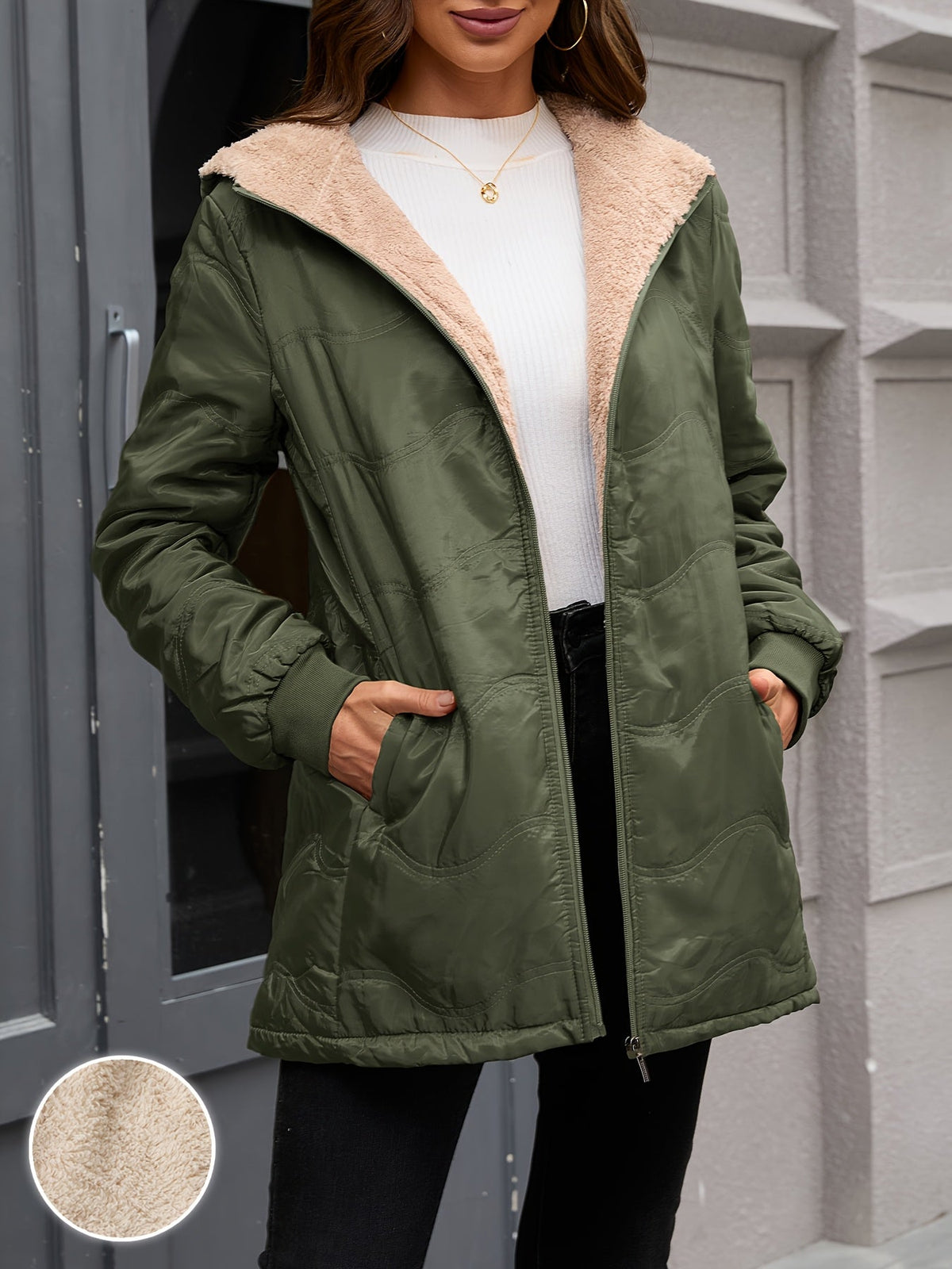 Women's long hooded quilted jacket with fleece-look lining and zip front
