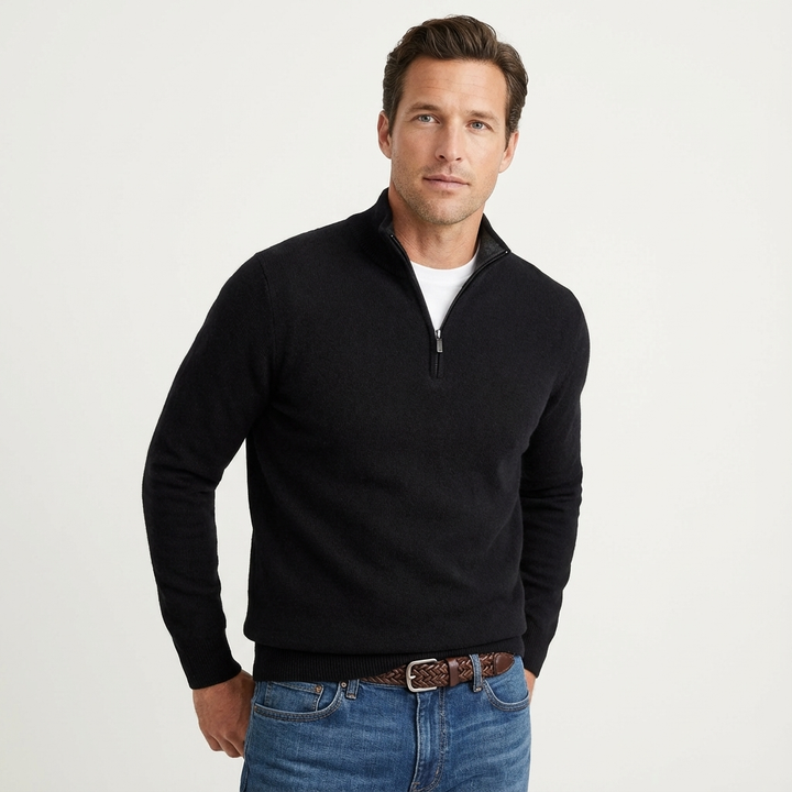 Men's quarter-zip sweater with stand collar and long sleeves