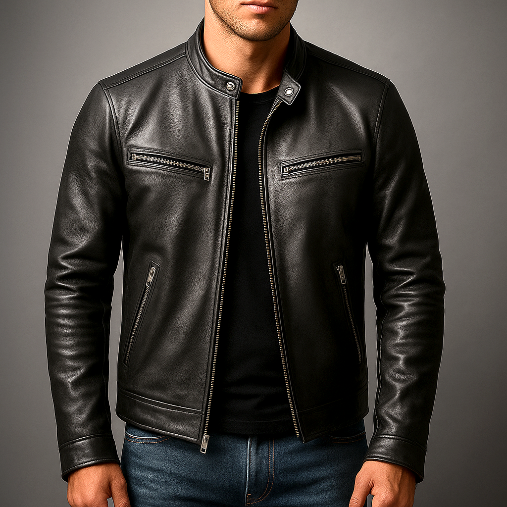 Men's leather biker jacket with standing collar and zip pockets