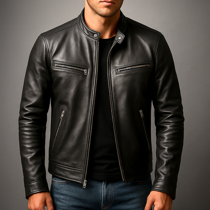 Men's leather biker jacket with standing collar and zip pockets