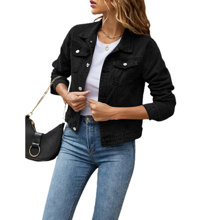 Women's relaxed denim jacket with button front and chest pockets