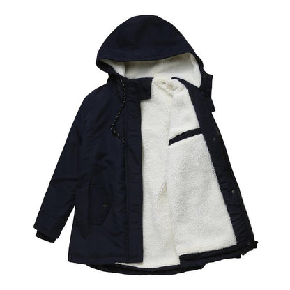Women's hooded winter coat with contrasting lining and zip front