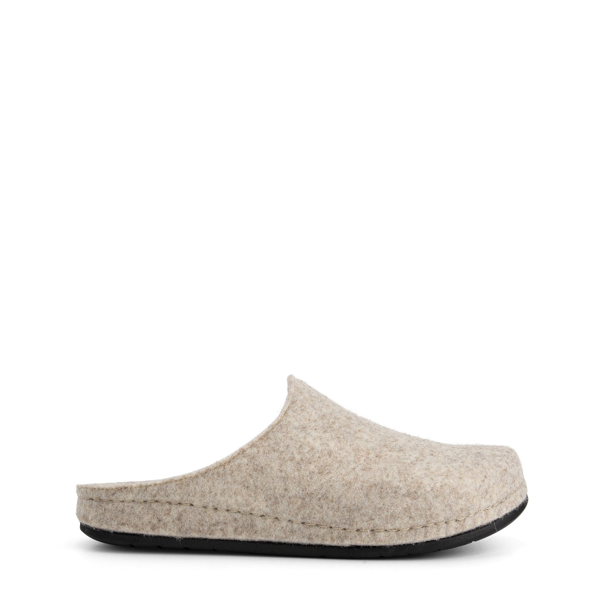 Beige open-back slip-on house slippers with rounded toes and black flat soles