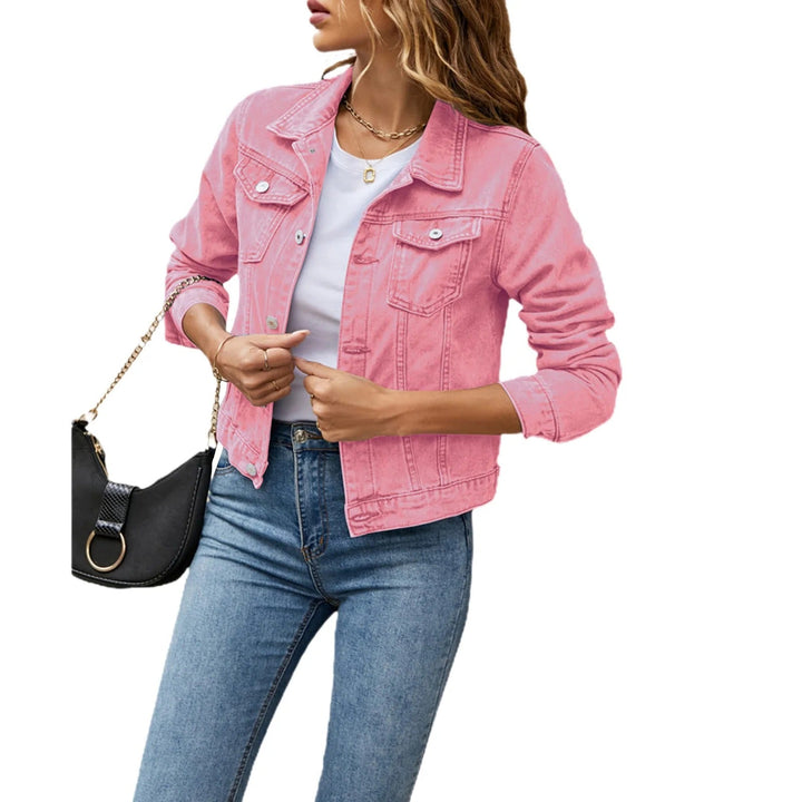Women's relaxed denim jacket with button front and chest pockets