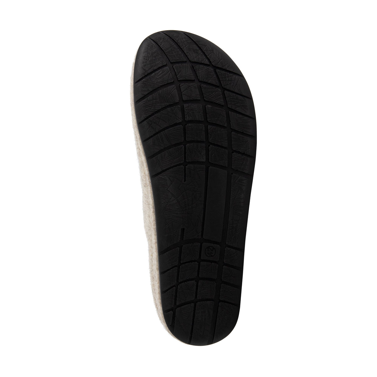 Beige open-back slip-on house slippers with rounded toes and black flat soles