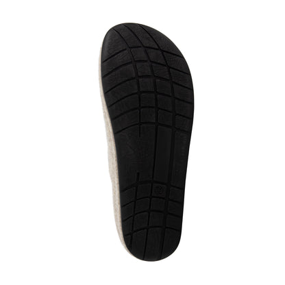 Beige open-back slip-on house slippers with rounded toes and black flat soles