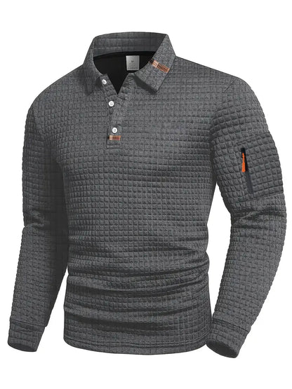 Men's textured quilted pullover sweater with polo collar and sleeve zip pocket
