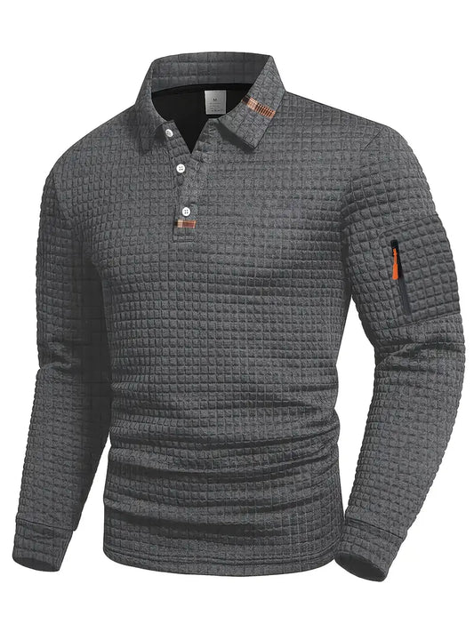 Men's textured quilted pullover sweater with polo collar and sleeve zip pocket