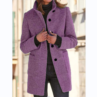 Women's straight mid-thigh coat with stand collar, long sleeves, buttons and patch pockets