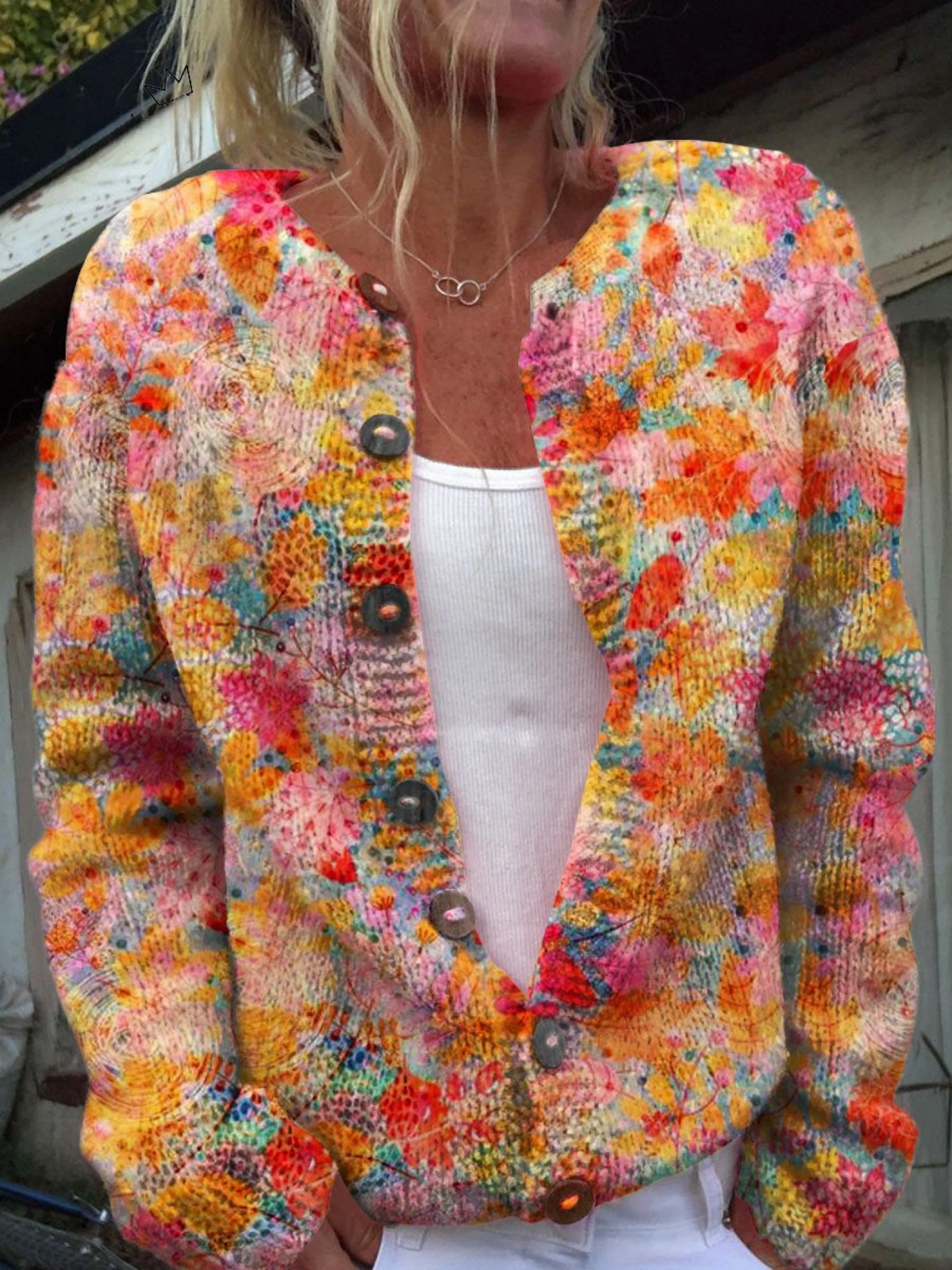 Women's multicoloured abstract knit cardigan with V-neck and button front