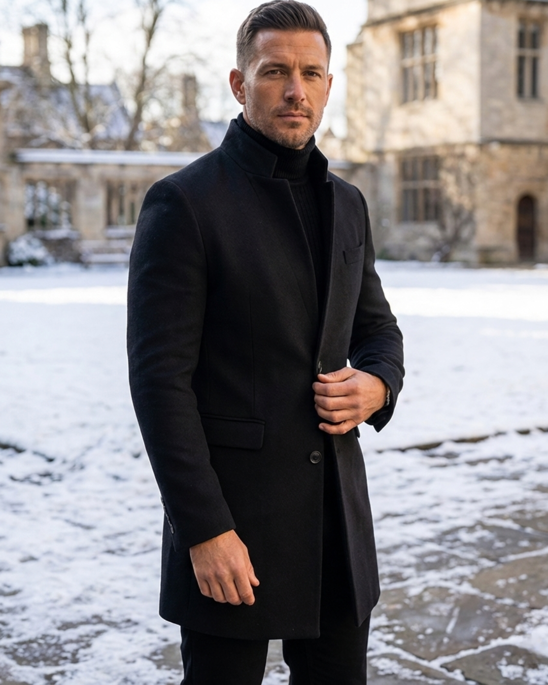 Men's long structured coat with mandarin collar, button front and flap pockets