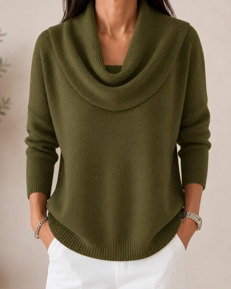 Women's knit sweater with draped cowl neckline, long sleeves and ribbed trims