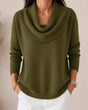 Women's knit sweater with draped cowl neckline, long sleeves and ribbed trims