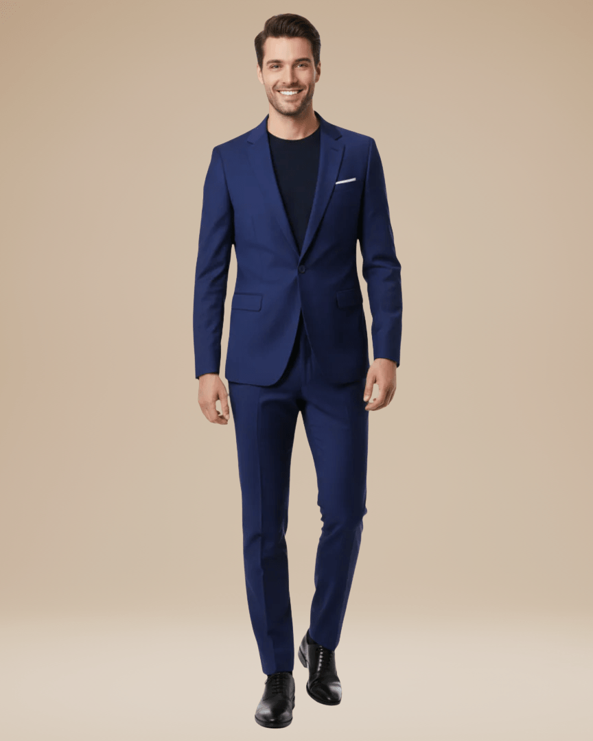 Men's two-piece suit with notched lapels and slim trousers