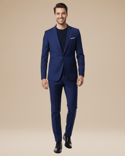 Men's two-piece suit with notched lapels and slim trousers