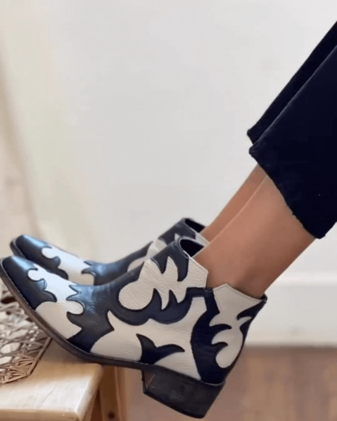Women's western ankle boots with black and cream cutout panels