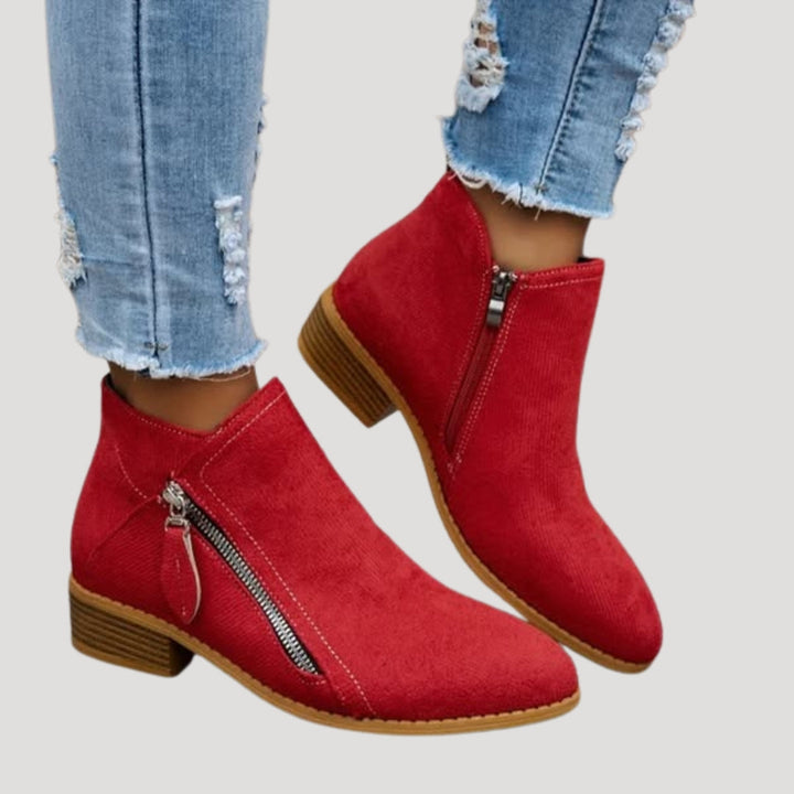 Women's ankle boots with side zippers and low block heels