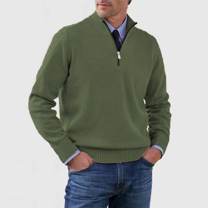 Men's half-zip mock neck sweater with long sleeves and ribbed trims